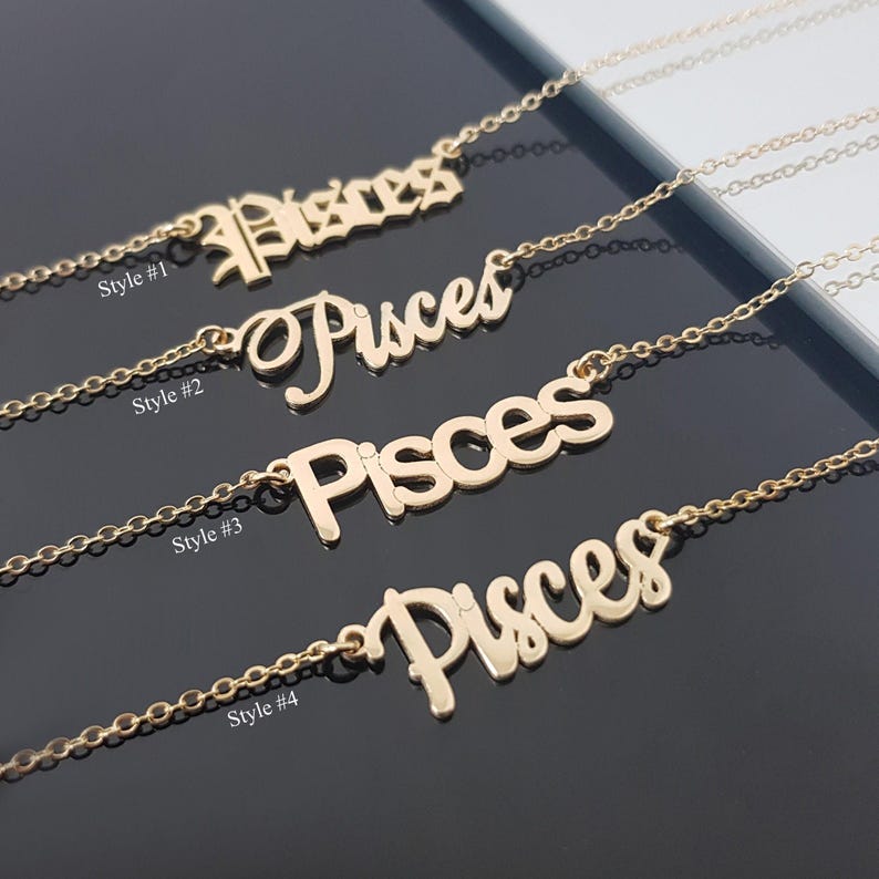 Pisces Necklace With 4 Font Styles, Pisces Zodiac Sign Necklace, Pisces Horoscope Necklace, Pisces Birthday Gift, Pisces Astrology Gift Jewe imagen 1