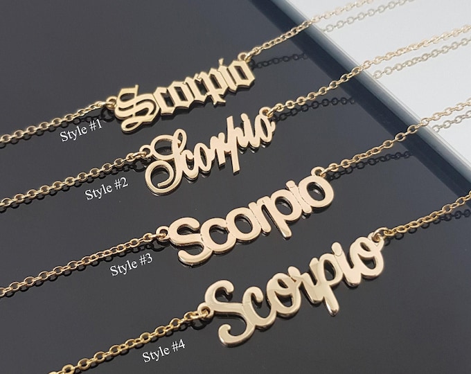 Scorpio Necklace With 4 Font Styles, Scorpio Zodiac Sign Necklace, Scorpio Horoscope Necklace, Scorpio Birthday Gift, Scorpio Astrology Gift