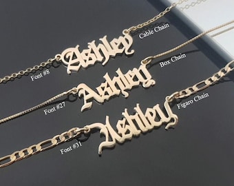 Personalisierte alte englische Namenshalskette, kundenspezifische gotische Namenshalsketten. Gothic Schrift Old English Anhänger, Edgy Goth Schmuck Geschenk