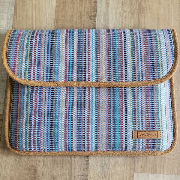 Handmade tablet or computer sleeve with padded inside up to 15 inches (Blue Rainbow)