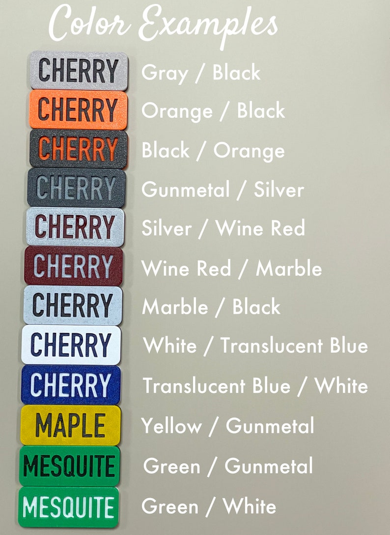May include: Colour examples for cherry and mesquite wood finishes. The cherry wood finishes are shown in grey, orange, black, gunmetal, silver, wine red, marble, white, and translucent blue. The mesquite wood finishes are shown in yellow, green, and green. Each colour combination is labelled with the two colours used.