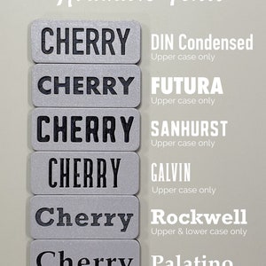 May include: A close-up of six different font styles for the word "Cherry" with the font name and case usage listed next to each style.