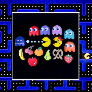 May include: A pixelated design featuring characters and food items from the classic arcade game Pac-Man. The image includes colorful ghosts, Pac-Man, and various fruits and snacks on a black background.
