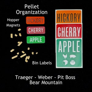 Pellet Grill Labels & Hopper Magnets – BBQ Smoker Bin Organizers – Traeger, Pit Boss, Weber – Vinyl Stickers and Weatherproof Tags