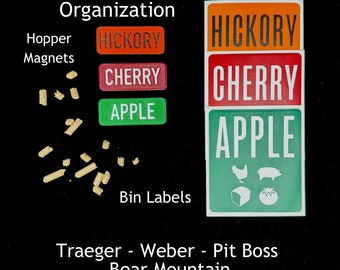 Etichette per contenitori per grill a pellet e magneti per tramoggia: organizzatori di aromi per affumicatori
