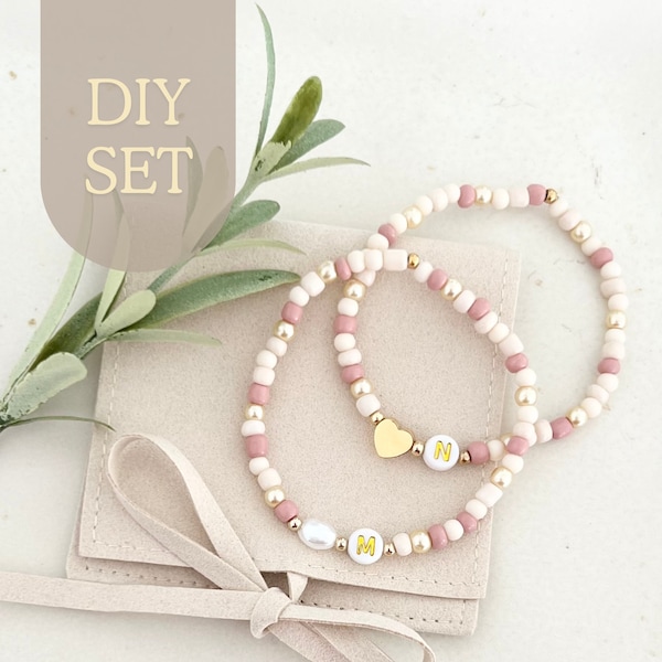 DIY set for JGA women // gold or silver // personalized with letter and heart // pink beige cream white