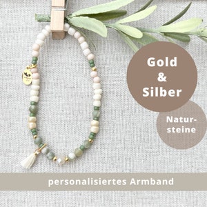 Natural stone bracelet sage eucalyptus green gold / gift packaging / crystal tassel / wedding JGA baby party / beige white cream