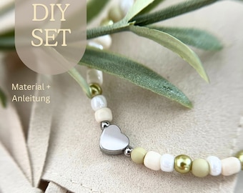 DIY Set für JGA Frauen // Gold oder Silber // personalisiert mit Buchstabe und Herz // Salbei Grün Beige Creme Weiß