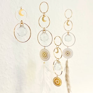 Sun catcher with crystal, feather + moon // Boho window decoration gold