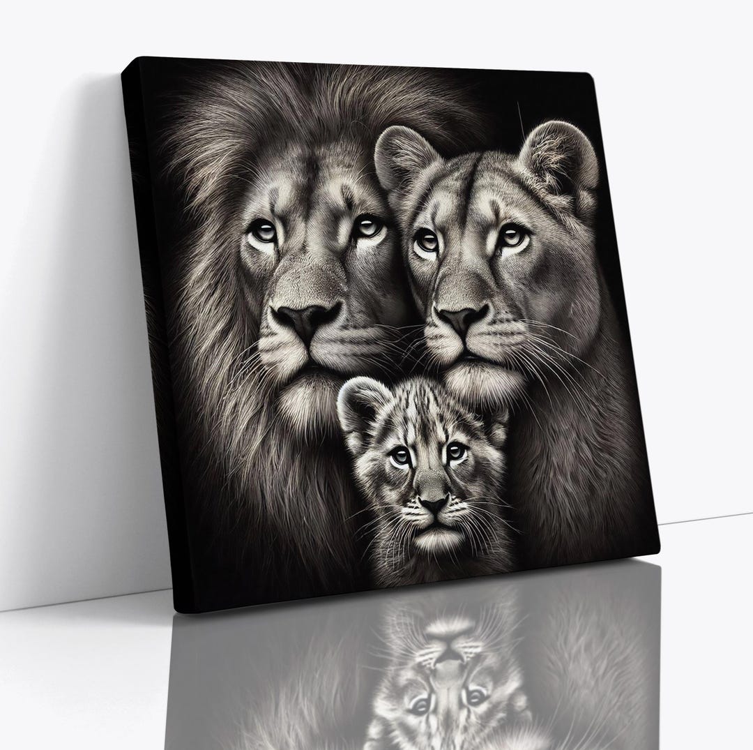 Black and White Lion Family Big Cats Animal Square Canvas Print Picture ...