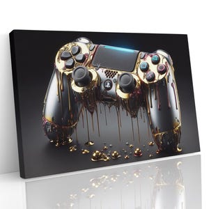 May include: A gold and silver PlayStation controller dripping with gold and red paint. The controller is on a black background.