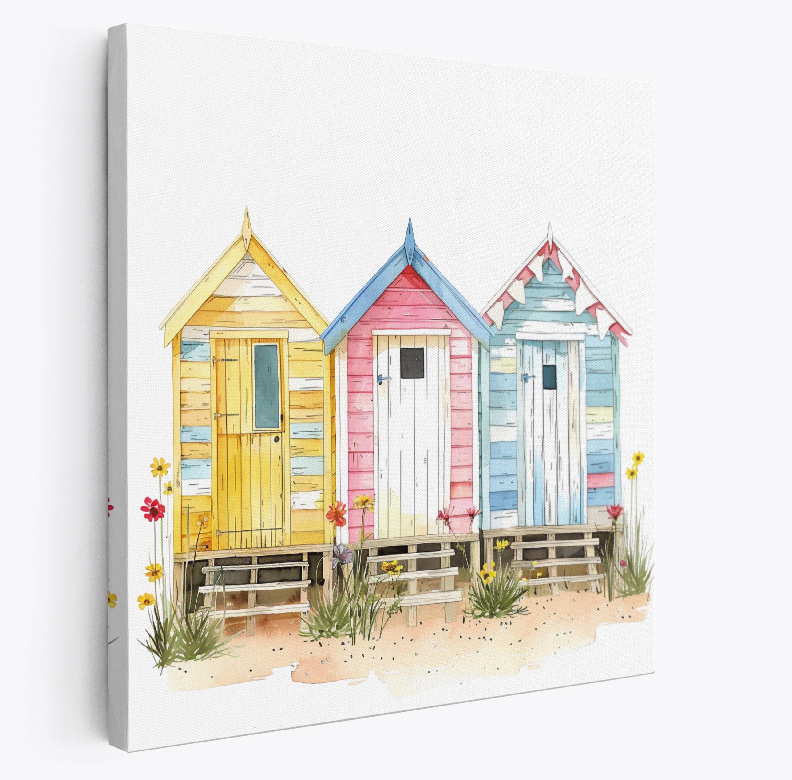 Beach Huts Watercolor Canvas Print: Seaside Coastal Wall Art - Etsy UK
