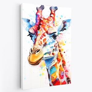May include: A colourful watercolour painting of a giraffe's head. The giraffe's coat is a mosaic of geometric shapes in red, orange, yellow, blue, and green. Paint splashes surround the giraffe against a white background.