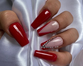Red Bling Nails Etsy