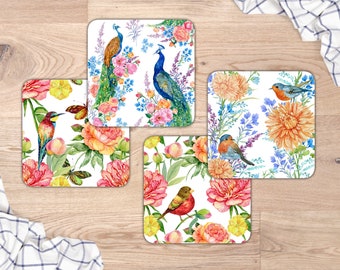4x coaster "Flowers and Birds" | Coaster Set | Hard Fiber Coasters | 4 pieces per set