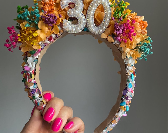 Floral 30th Birthday Headband: Multicoloured Festival Crown
