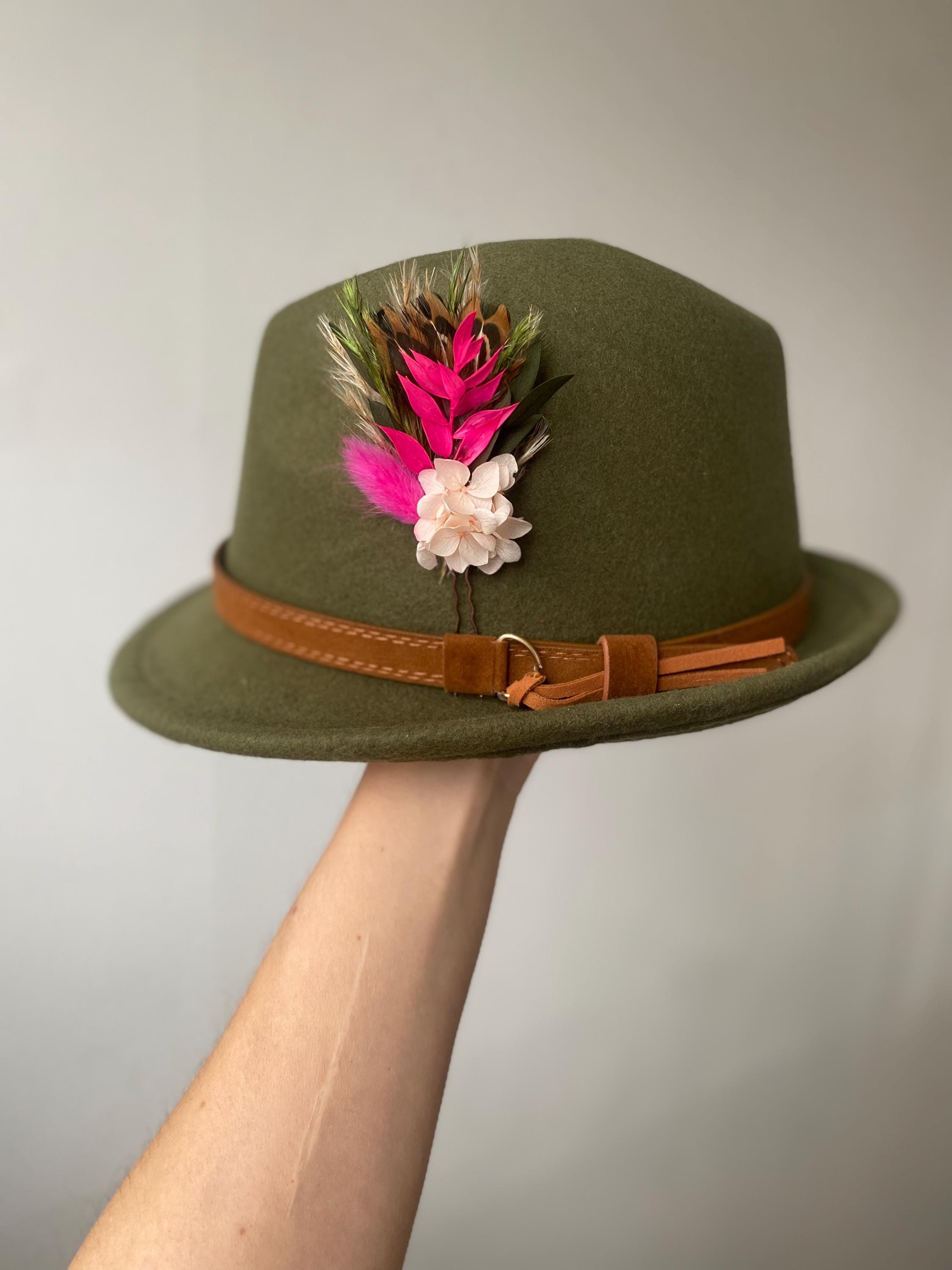 Olive Green Fedora With Hot Pink Floral Pin & Leather Belt  display picture 2