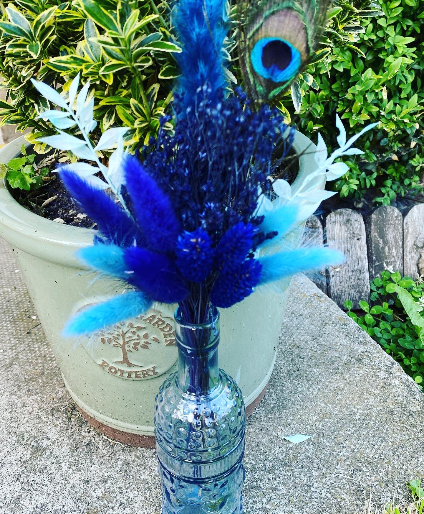 Blue dried flower arrangement in a vase/ peacock feather/ navy Etsy