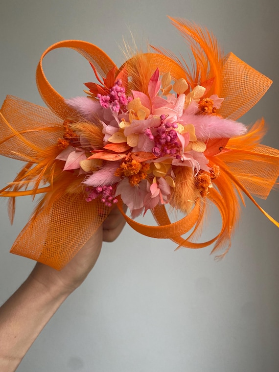 Vibrant Pink and Orange Floral Fascinator Orange Hot Pink Fascinator Feather Floral Disc Saucer Hat  main image 2