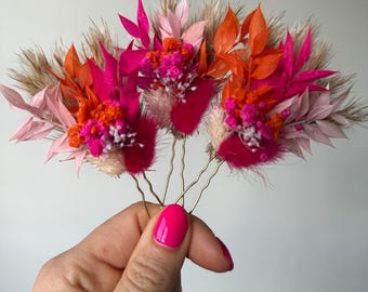 Pink & Orange Dried Flower Hair Pins: Boho Wedding Accessories