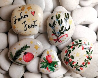 Weihnachten Steinkunst Bemalte Steine Kiesel Herbst Deco Advent Dekoration Handschmeichler 5er Set handgemalt Handarbeit Geschenk Unikat