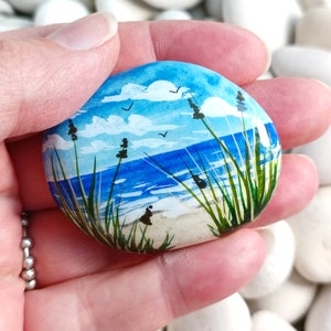 Beach Painted Stones painted stone painted sandy beach sea palm tree handmade hand painted unique miniature sealed holiday