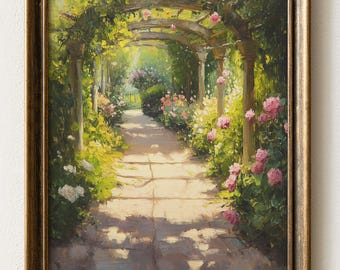 Rustic Garden Path Art Print: Sun-Dappled Floral Archway (Digital Download) 958
