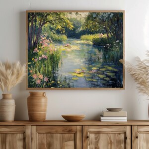 Tranquil pond artwork wall art for meditation space — featuring impressionist-style lily pads and warm golden light for a serene atmosphere.