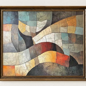 May include: Abstract painting in a gold-toned wooden frame. The artwork features a textured surface with a patchwork design in shades of blue, gray, brown, yellow, and red. The composition includes curved lines and geometric shapes.