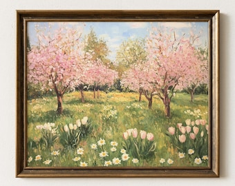 Spring Orchard in Bloom - Pastel Pink Trees, Cottagecore Landscape Art, Rustic Farmhouse Decor, Printable Digital Painting 1025