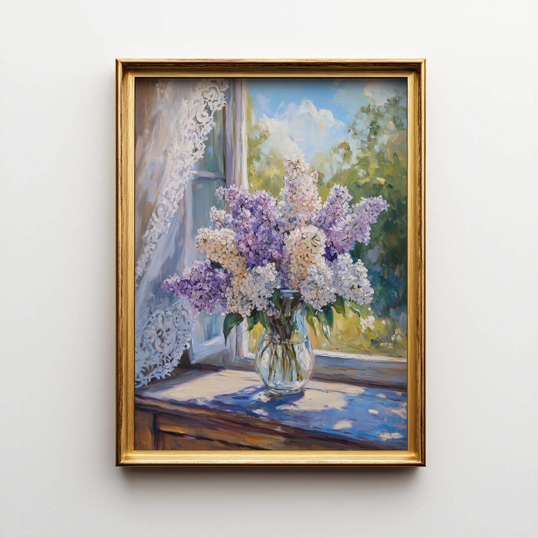 Lilacs in Glass Vase Print: Rustic Cottagecore Floral Art (digital ...
