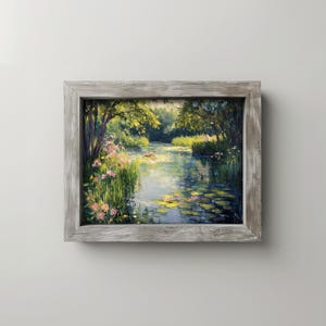Floral pond picture for nursery — tranquil artwork with lily pads and wildflowers ideal for creating a calming atmosphere in your baby's room.