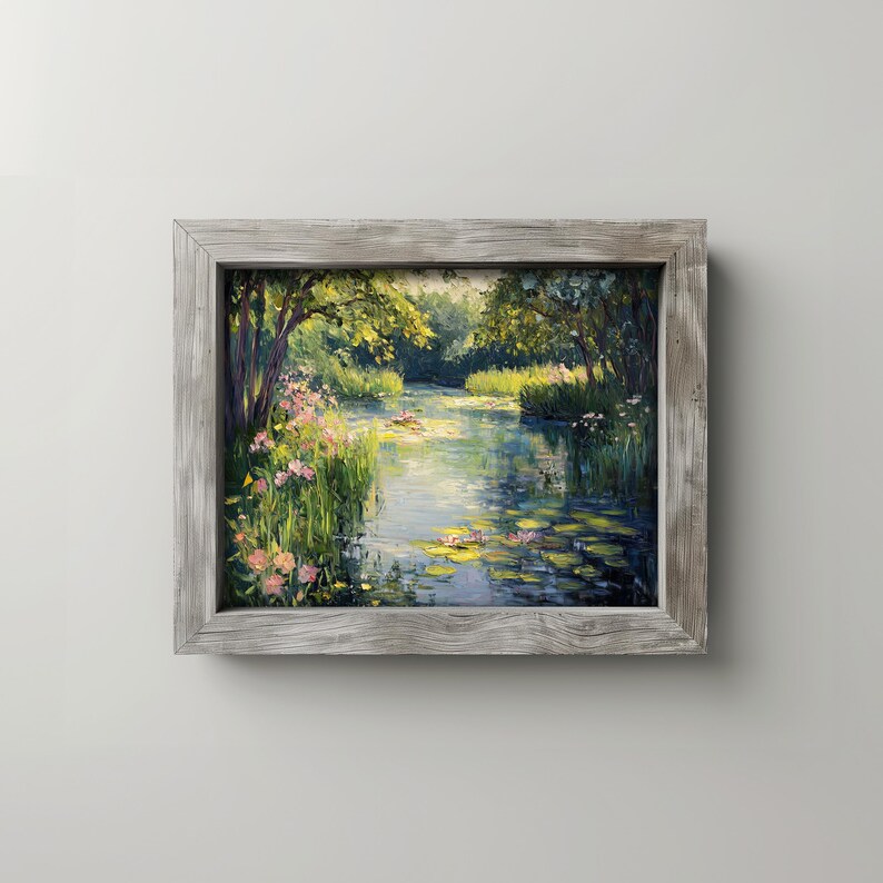 Floral pond picture for nursery — tranquil artwork with lily pads and wildflowers ideal for creating a calming atmosphere in your baby's room.