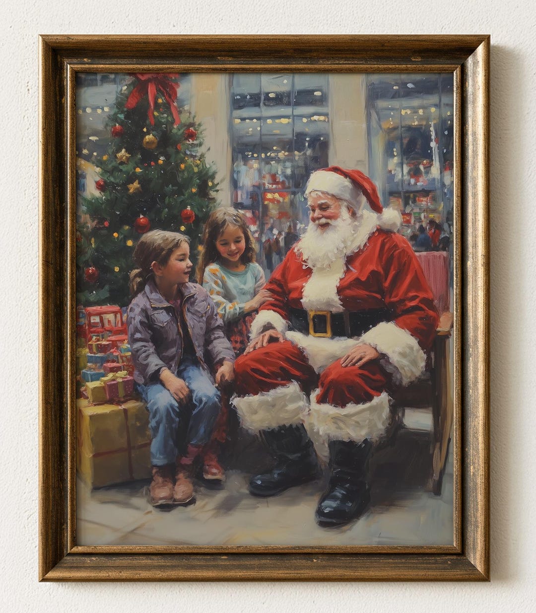 ヴィンテージサンタと子供たちのクリスマスツリーの絵画（印刷可能