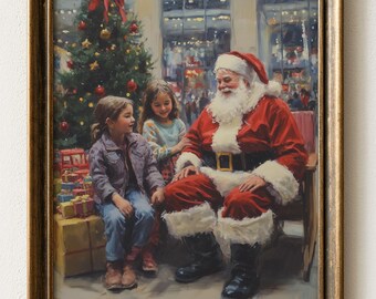 ヴィンテージサンタと子供たちのクリスマスツリーの絵画（印刷可能