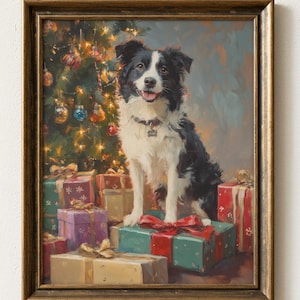 May include: A framed painting of a black and white Border Collie dog sitting atop a pile of wrapped presents. A decorated Christmas tree is in the background. The painting has a warm, inviting color palette.