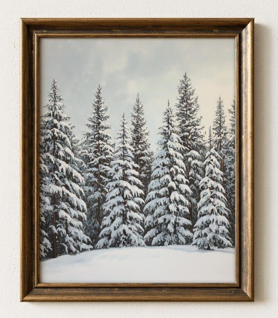 冬の森の油絵：雪を積もったモミの木（デジタルアート）882 - Etsy 日本