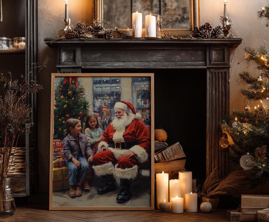 ヴィンテージサンタと子供たちのクリスマスツリーの絵画（印刷可能