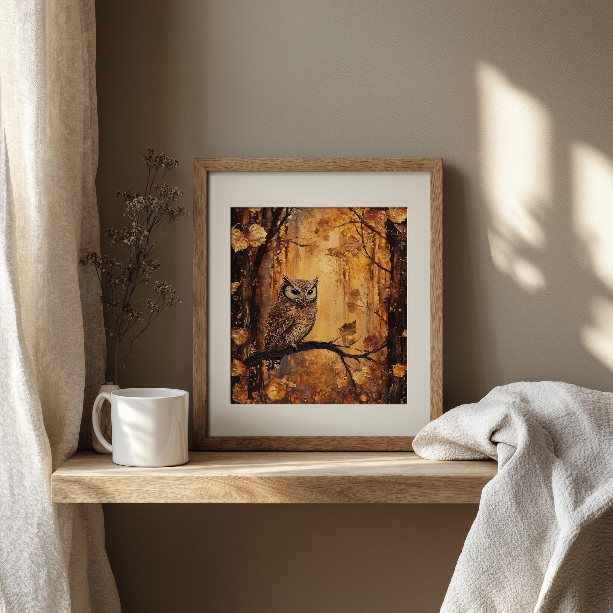 Rustic Owl Autumn Owl in Woodland Scene, Cozy Moody Rustic Wall Art (digital ...