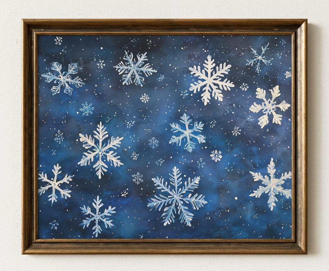 Winter Snowflake Painting on Deep Blue Watercolor, Modern Decor Art ...