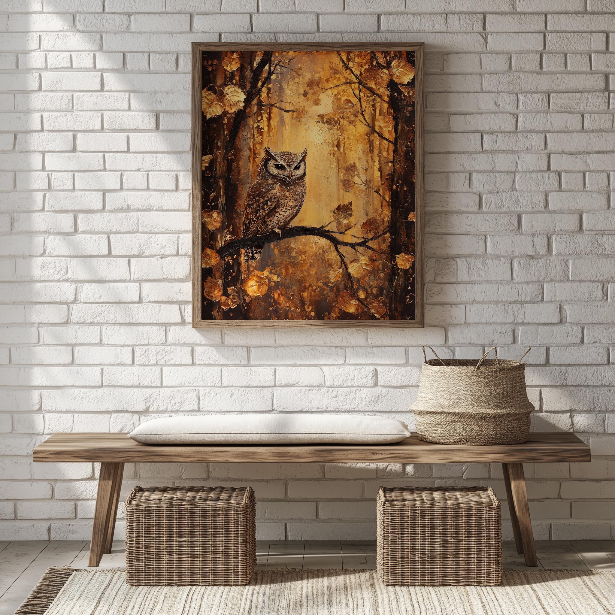 Rustic Owl Autumn Owl in Woodland Scene, Cozy Moody Rustic Wall Art (digital ...