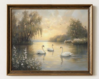 Swan River Landscape Art Print: Serene Pastoral Painting (Digital Download) 999