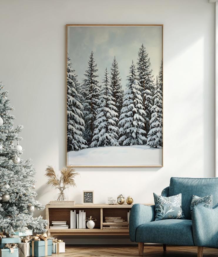 冬の森の油絵：雪を積もったモミの木（デジタルアート）882 - Etsy 日本