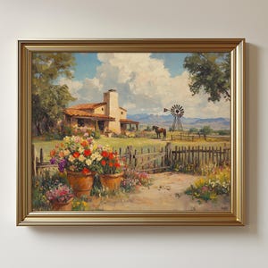 May include: A framed painting depicts a rural landscape with a house, windmill, and horse. The house has a red-tiled roof and a chimney. Colorful flowers in terracotta pots line the foreground. The painting is set in a gold frame.