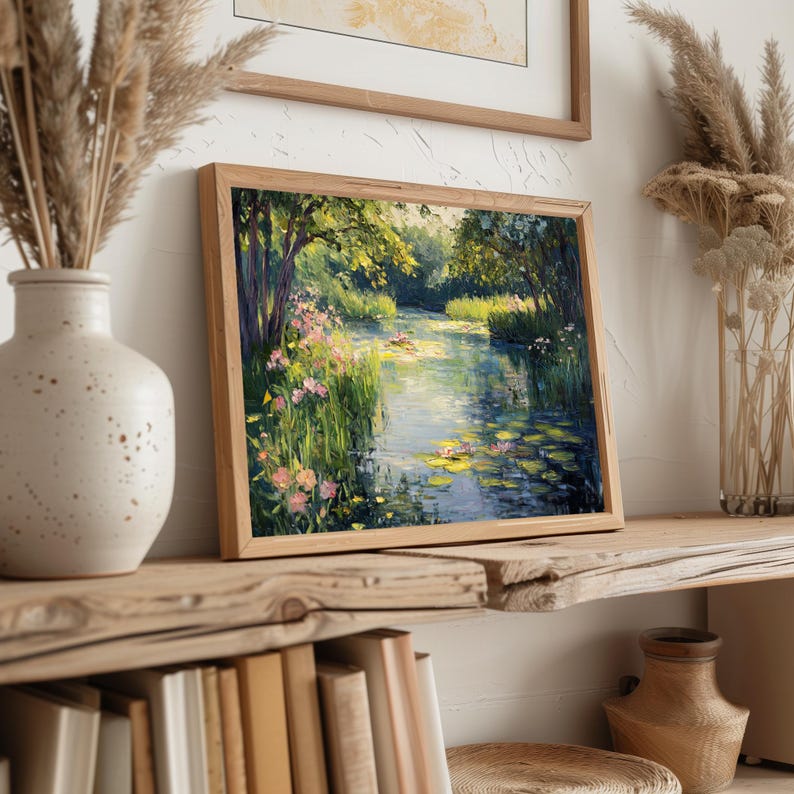Nature-inspired printable art for entryway — serene pond scene with leafy trees and soft colors that invite relaxation into your home décor.