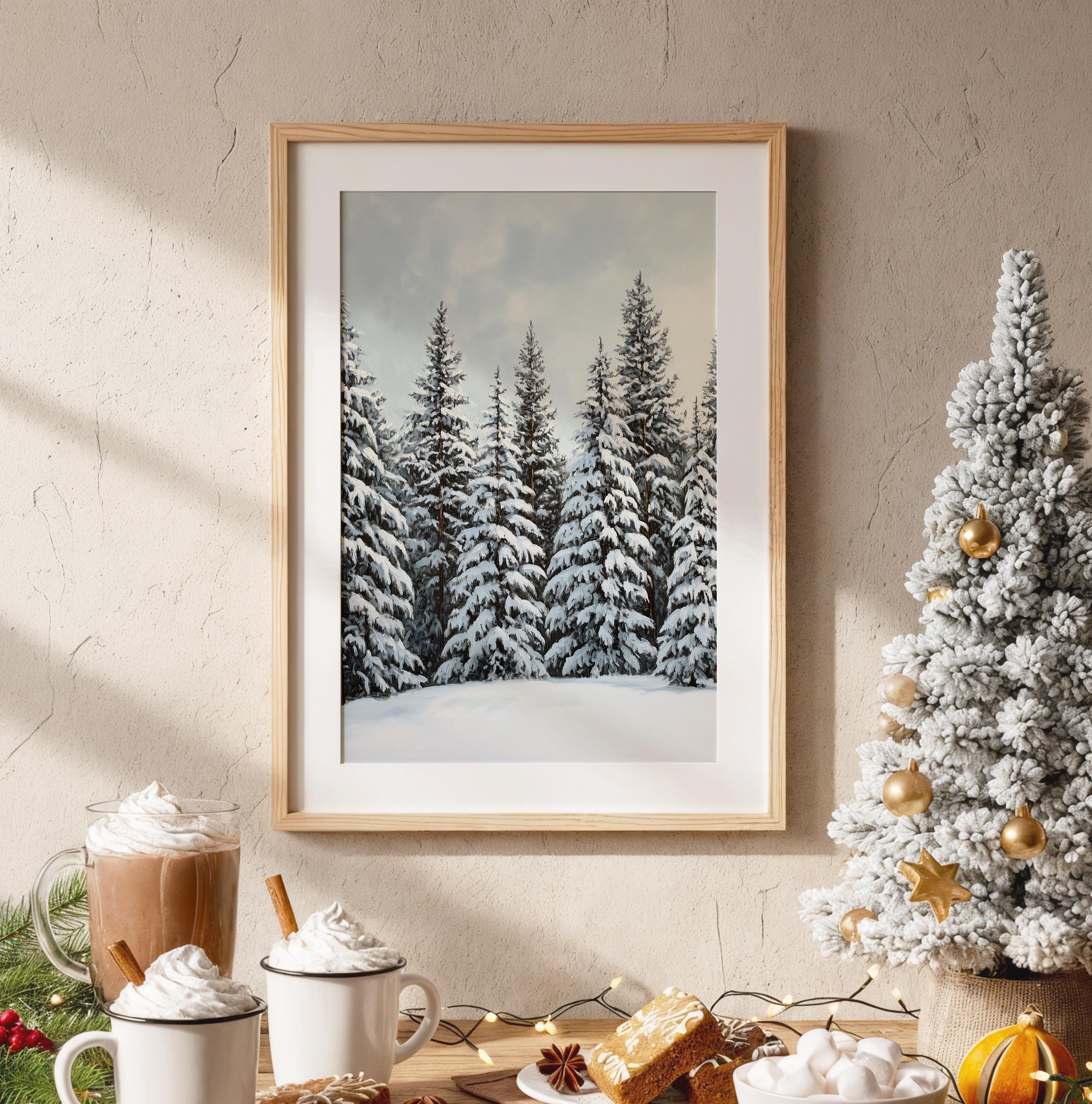 冬の森の油絵：雪を積もったモミの木（デジタルアート）882 - Etsy 日本