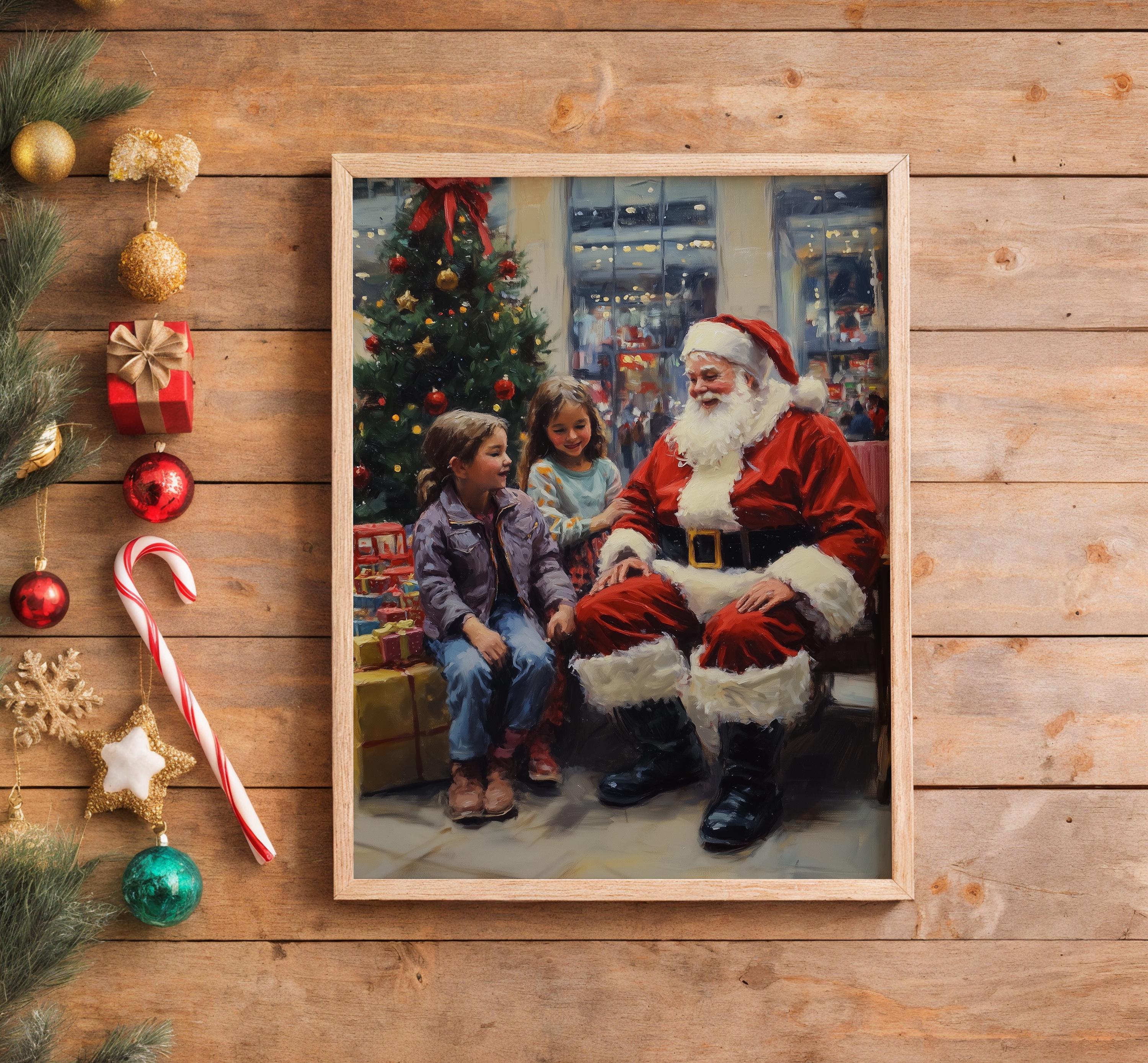 ヴィンテージサンタと子供たちのクリスマスツリーの絵画（印刷可能