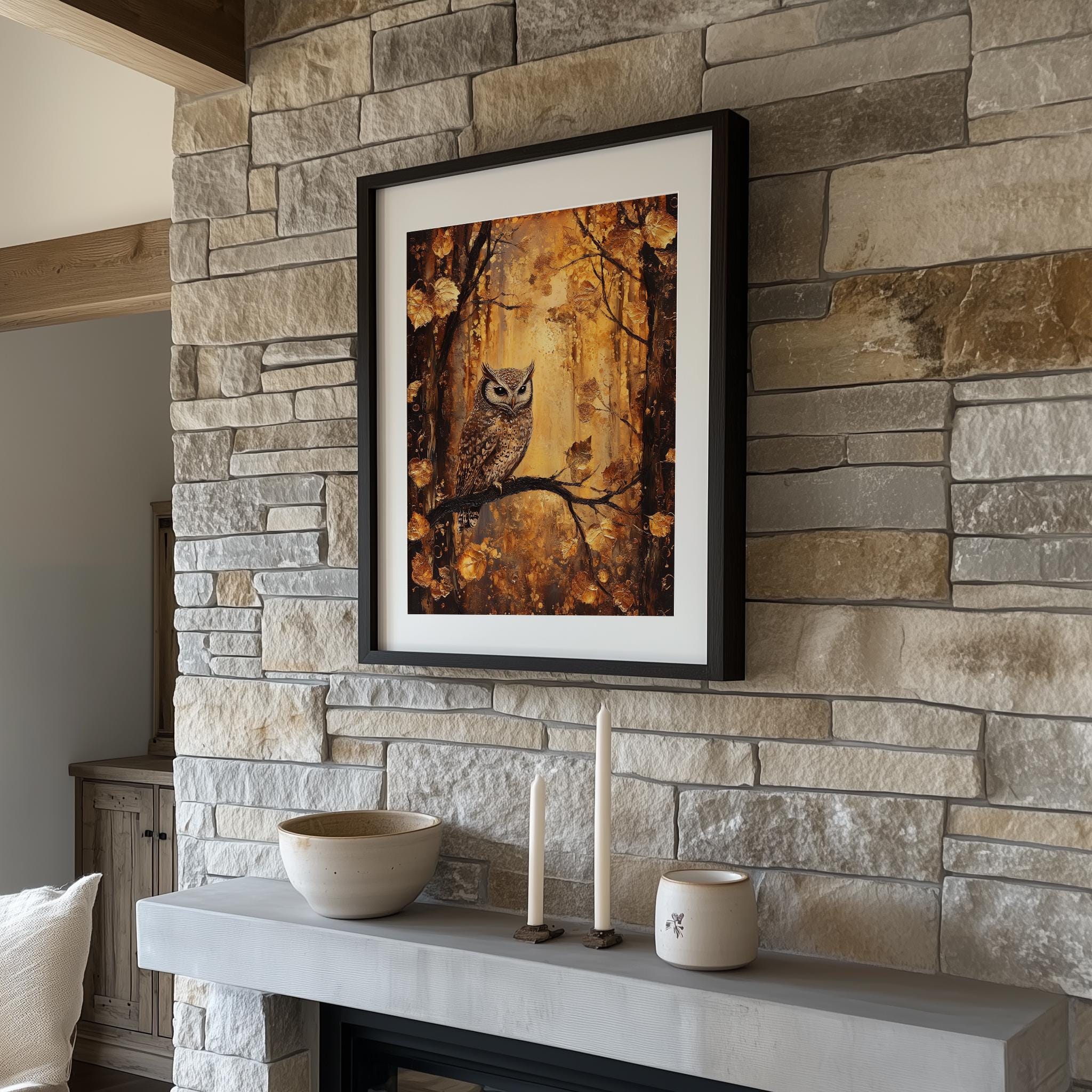 Rustic Owl Autumn Owl in Woodland Scene, Cozy Moody Rustic Wall Art (digital ...