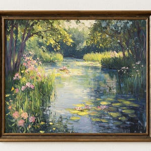 Cozy cottage wall art for dining area — beautiful oil painting of a peaceful pond surrounded by flowering grasses, evokes rustic charm and warmth.
