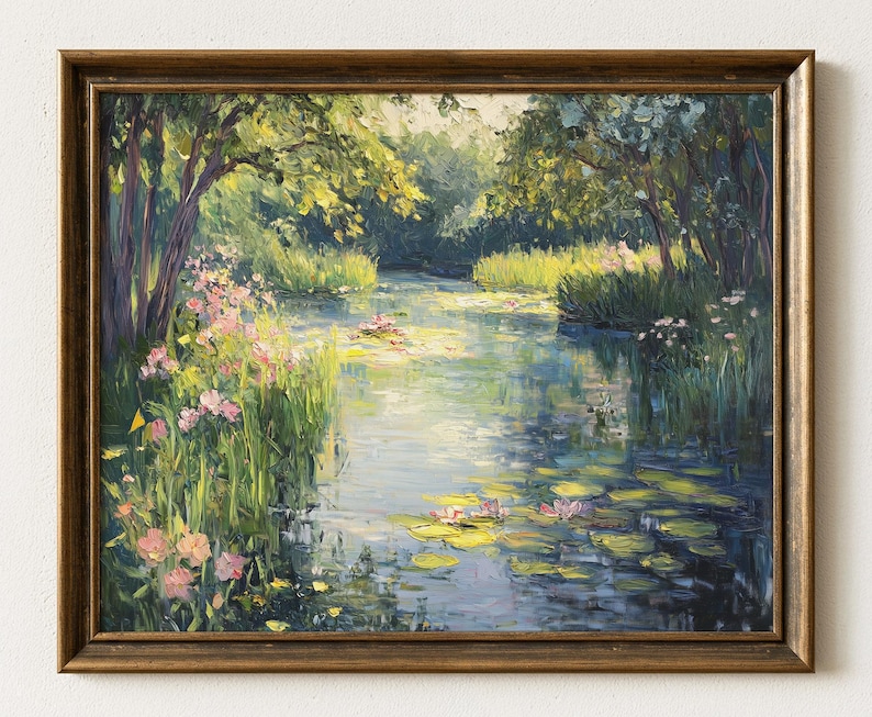 Cozy cottage wall art for dining area — beautiful oil painting of a peaceful pond surrounded by flowering grasses, evokes rustic charm and warmth.